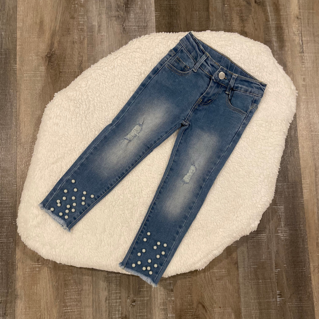 Distressed Skinny Jeans with Snapped Pearls