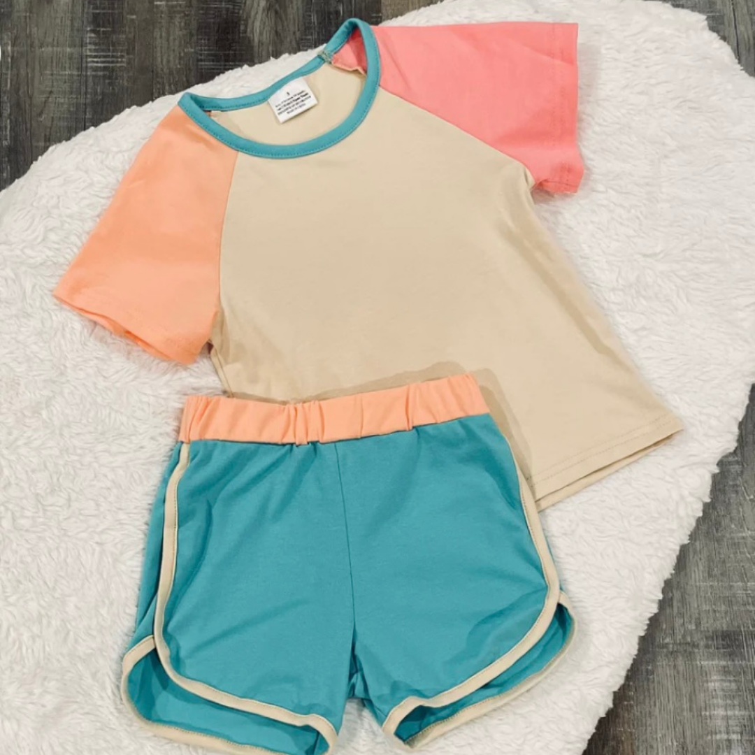 Beige Patchwork Shorts Set