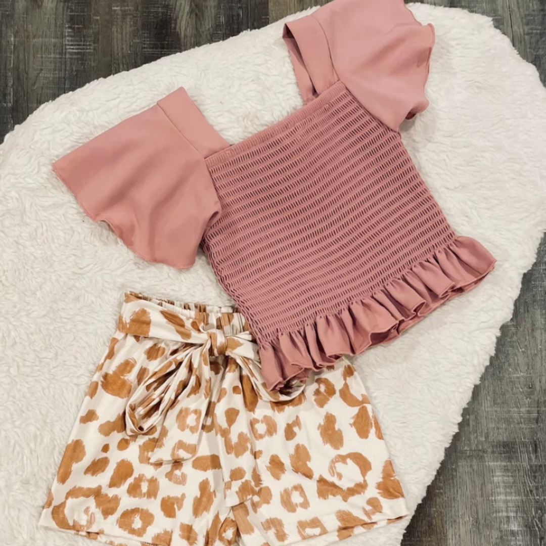 Pink Smock Top & Animal Print Shorts Set