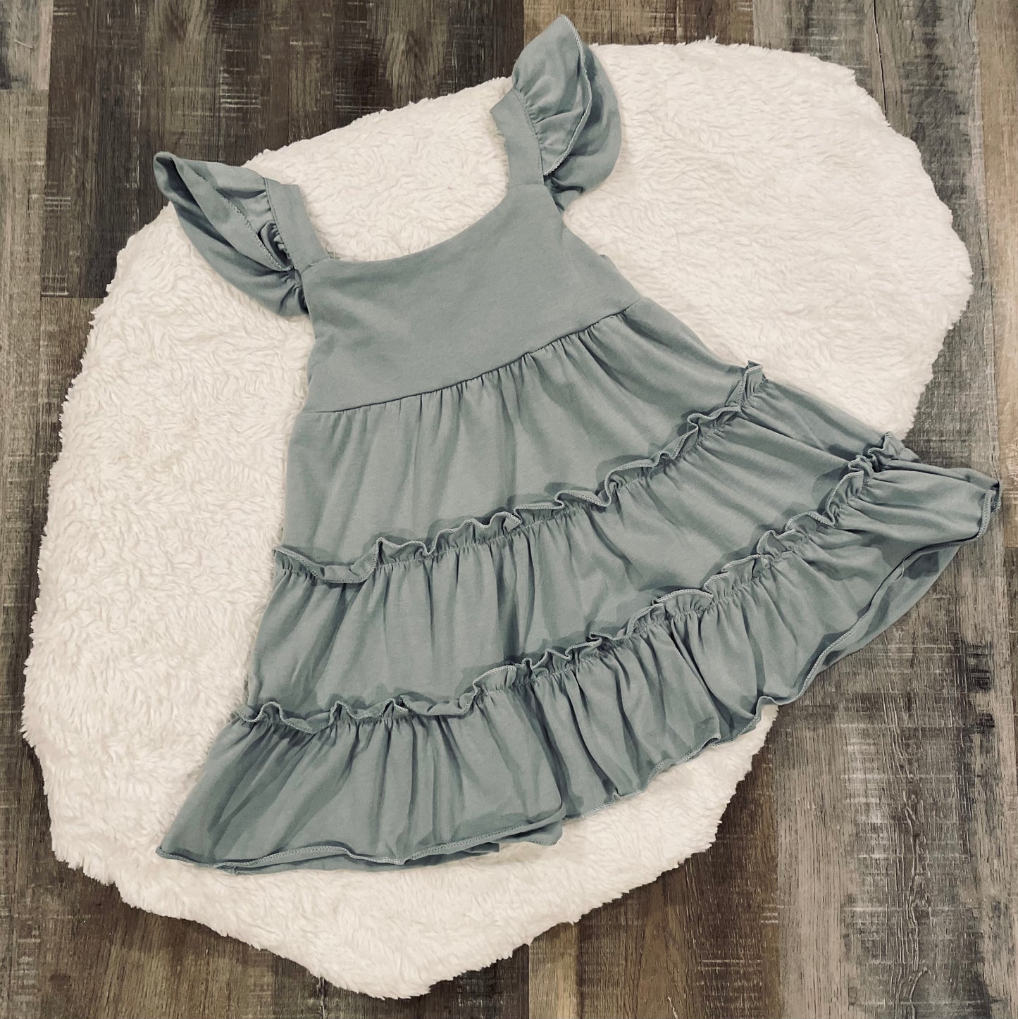 Sage Flutter Trim Tiered Dress