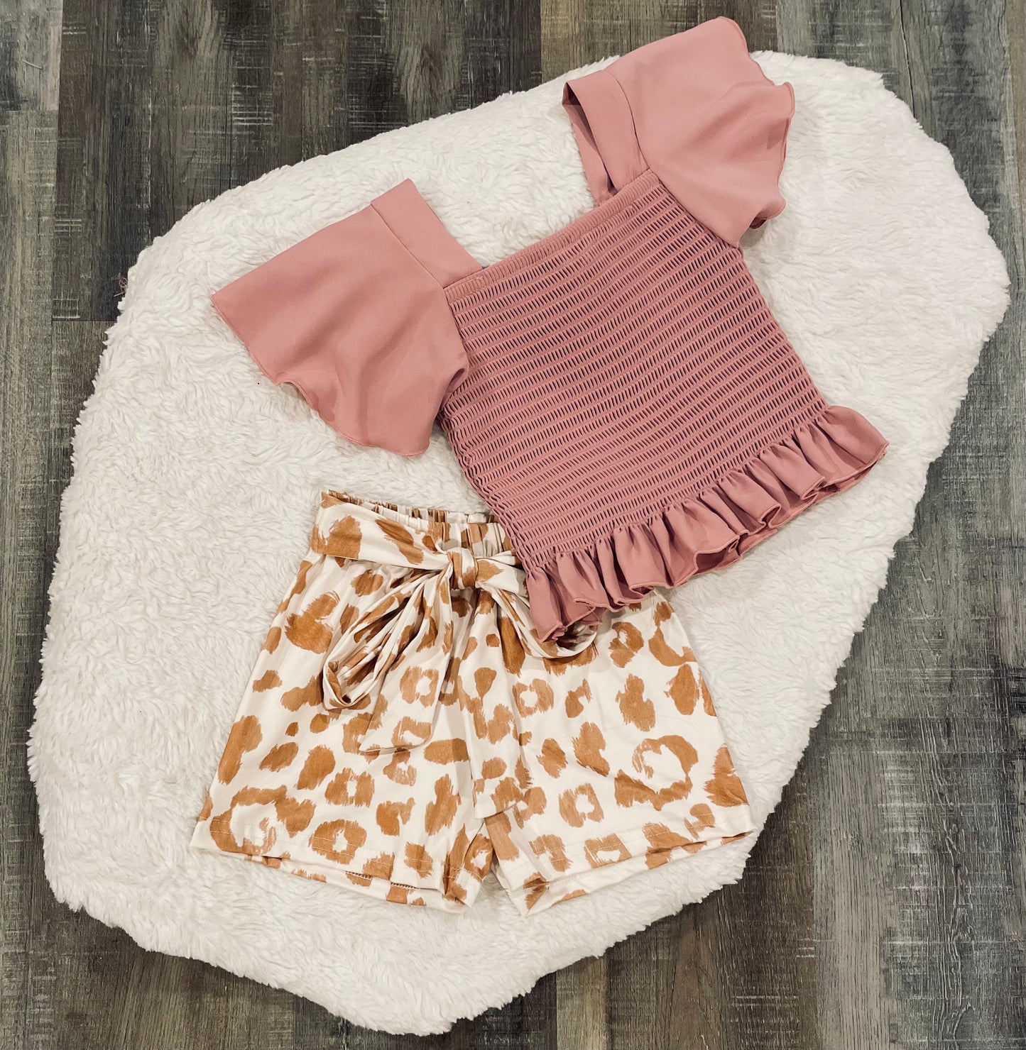 Pink Smock Top & Animal Print Shorts Set